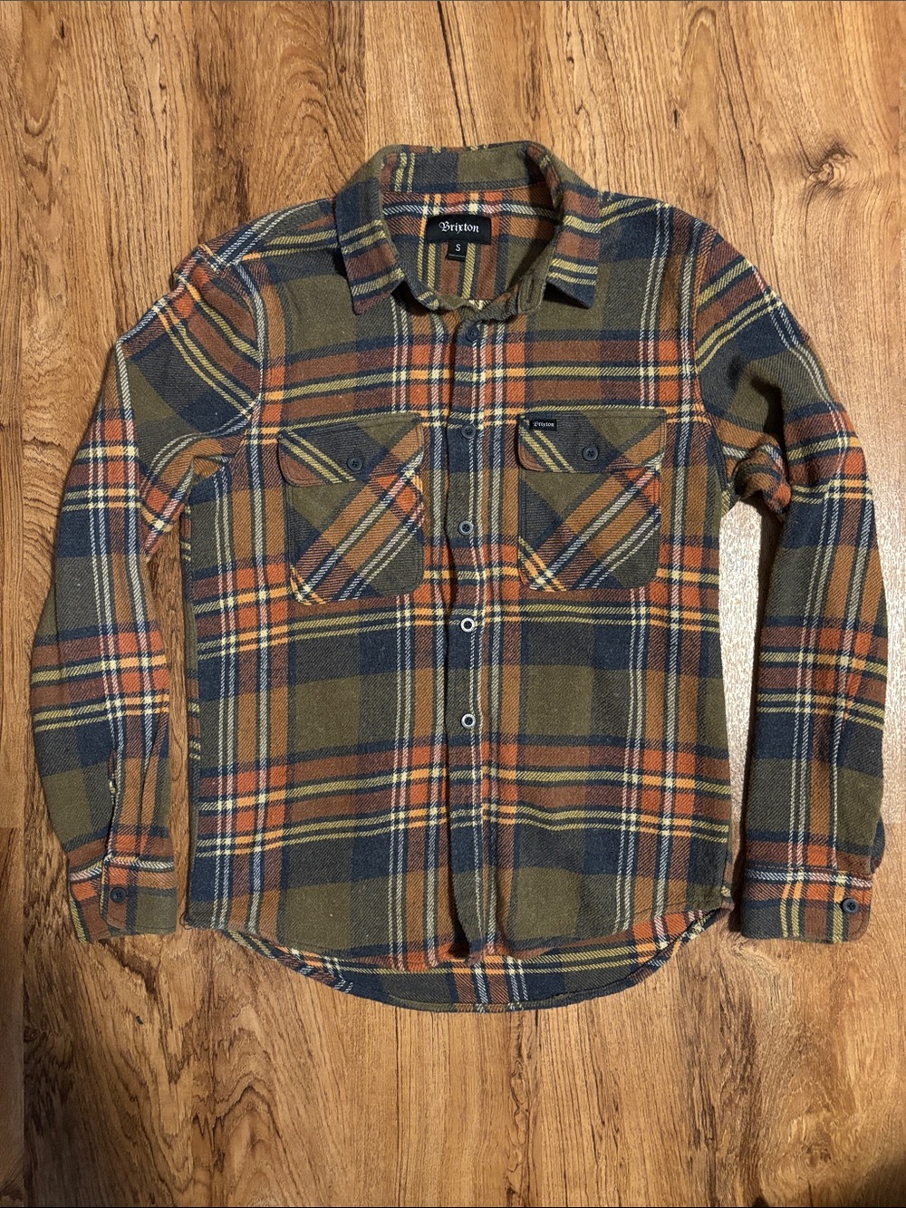 Brixton Olive, Rust & Navy Plaid Bowery Flannel Button-Up Shirt Fall Workwear